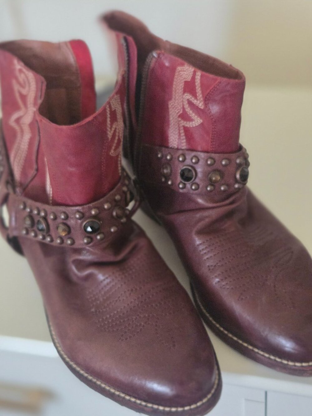 Womens Sam Edelman leather ankle high cowboy boots with gems